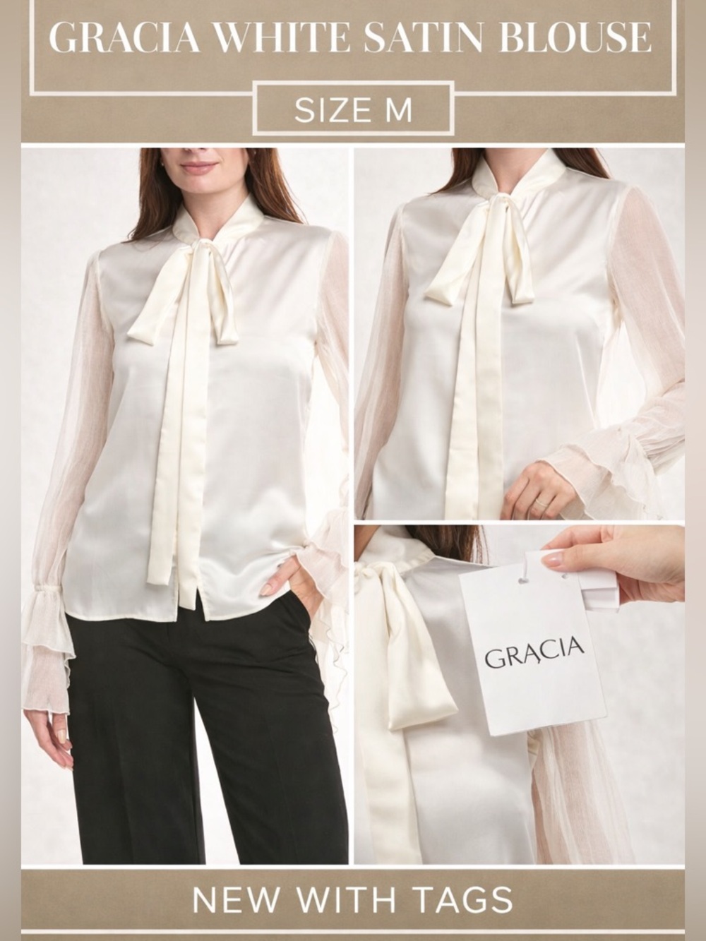 Gracia White Satin Tie Neck Ruffle Bell Sleeve Blouse Size M NWT